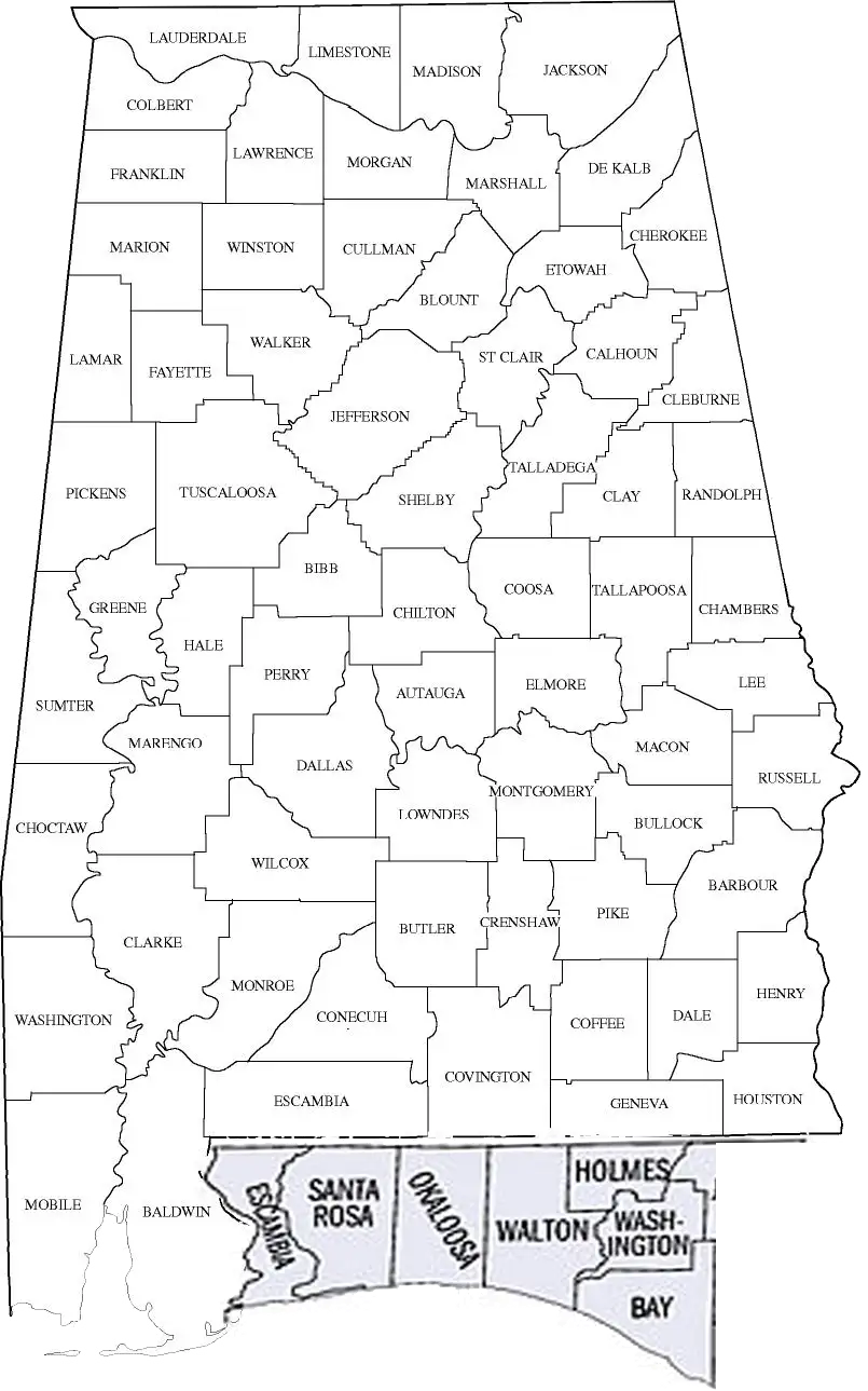 Roberts Wildlife service area map covering all 67 Alabama counties and 7 Florida Panhandle counties (Bay, Washington, Holmes, Walton, Okaloosa, Santa Rosa, Escambia)